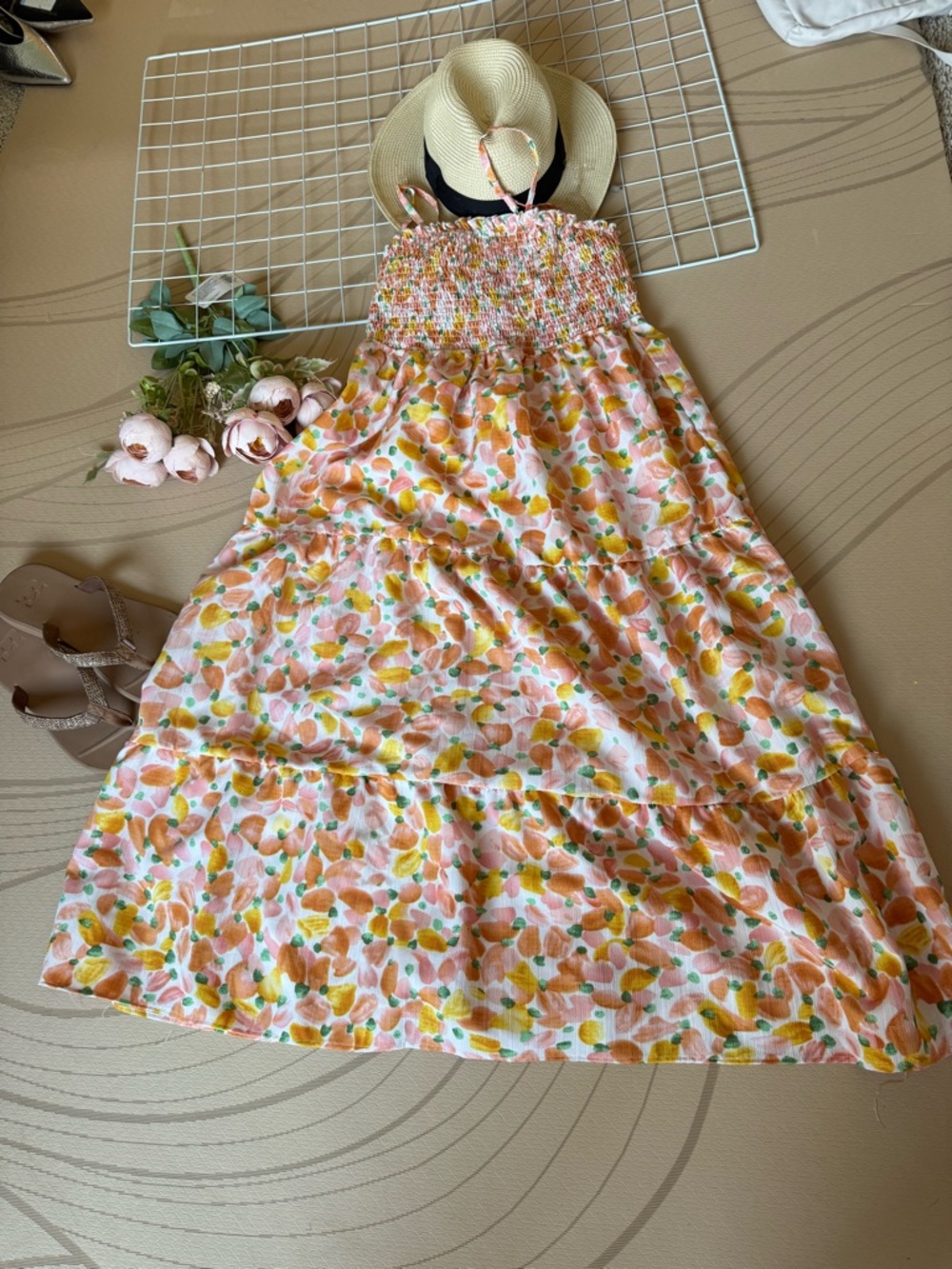 Girls Pink & Yellow Floral Smocked Sundress